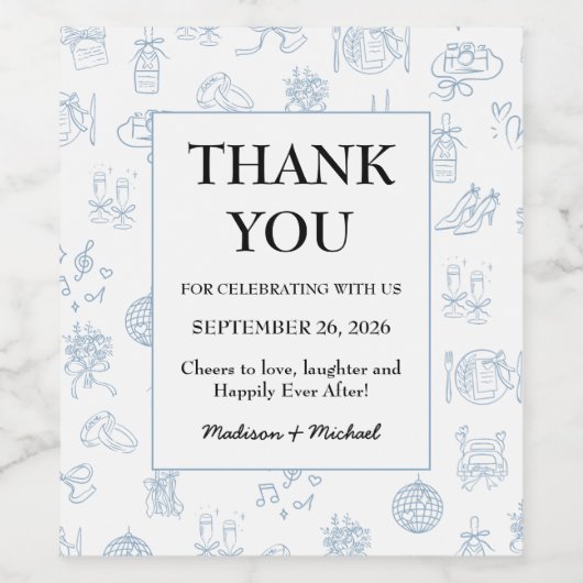 Whimsical Hand Drawn Blue Illustriert Wedding Weinetikett (Einzelnes Label)