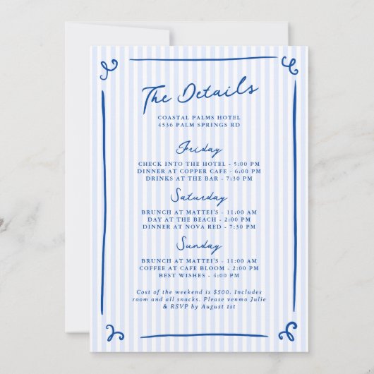 Whimsical Hand Drawn Blue Letztes Toast Wochenende Einladung (Rückseite)