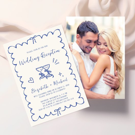 Whimsical Hand Drawn Blue Photo Wedding Reception Einladung