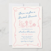 Whimsical Hand Drawn Blue & Pink Bridal Brunch Einladung (Vorderseite)