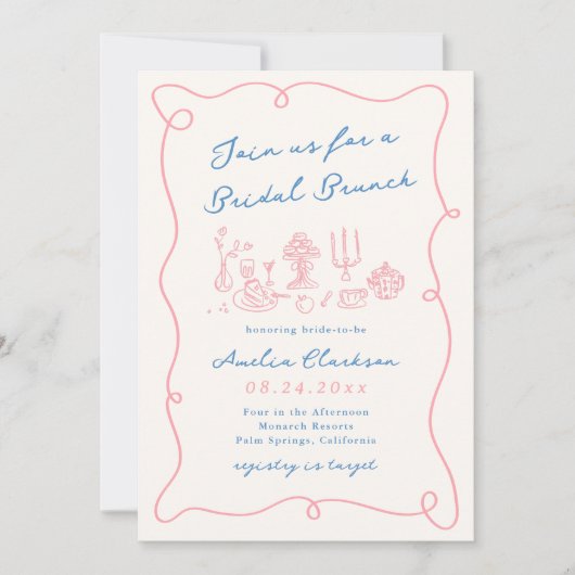 Whimsical Hand Drawn Blue & Pink Bridal Brunch Einladung (Vorderseite)