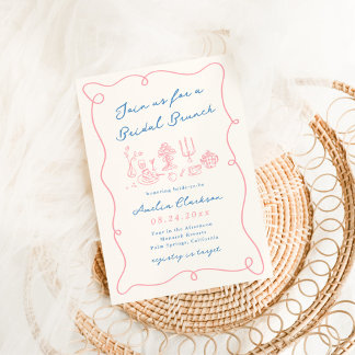 Whimsical Hand Drawn Blue & Pink Bridal Brunch Einladung