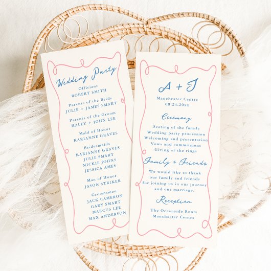 Whimsical Hand Drawn Blue & Pink Hochzeitsprogramm Menükarte