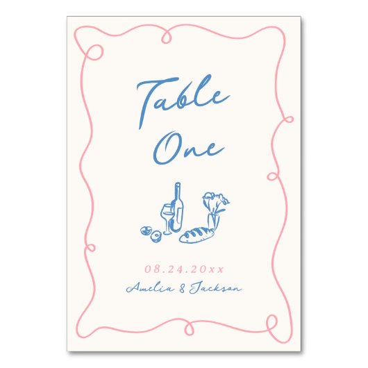 Whimsical Hand Drawn Blue & Pink Tischnummer (Rückseite)