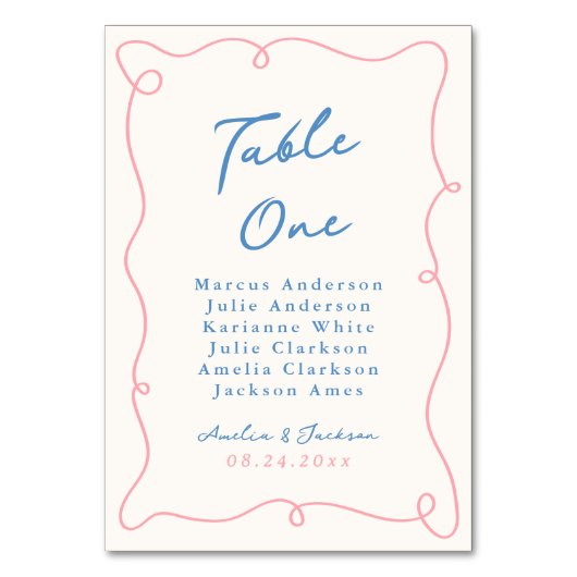 Whimsical Hand Drawn Blue & Pink Tischnummer (Rückseite)