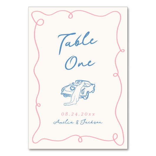 Whimsical Hand Drawn Blue & Pink Tischnummer (Vorderseite)