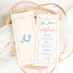 Whimsical Hand Drawn Blue & Pink Wedding Menükarte<br><div class="desc">Dieses bezaubernde Design zeichnet sich durch handgezeichnete Elemente und einen skurrilen,  fetten Text aus.</div>