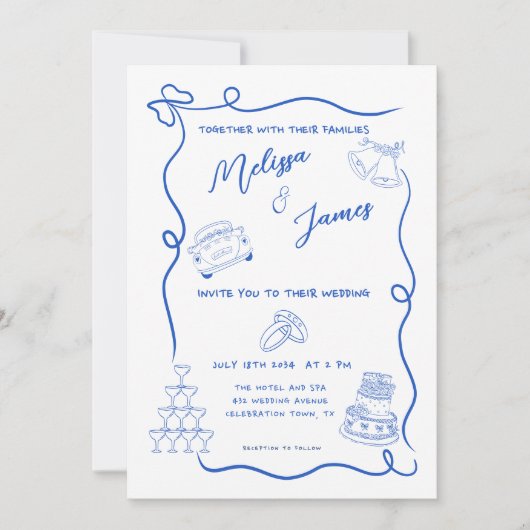 Whimsical Hand Drawn Blue Quirky Wedding Einladung (Vorderseite)