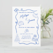 Whimsical Hand Drawn Blue Quirky Wedding Einladung (Stehend Vorderseite)