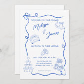 Whimsical Hand Drawn Blue Quirky Wedding Einladung (Vorne/Hinten)