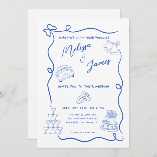 Whimsical Hand Drawn Blue Quirky Wedding Einladung (Vorne/Hinten)