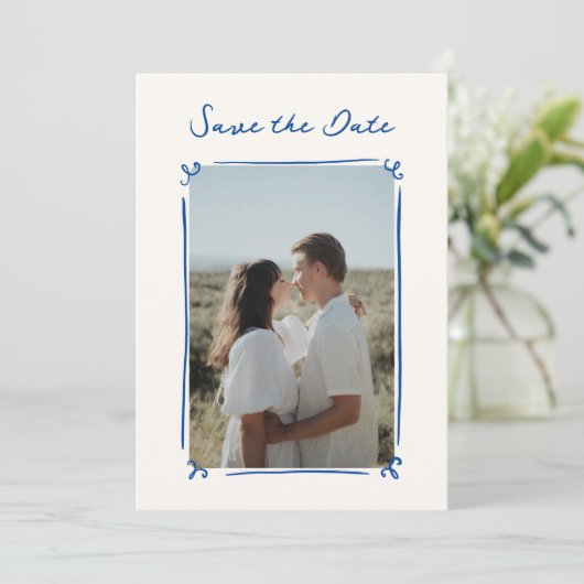 Whimsical Hand Drawn Blue Save the Date Einladung (Stehend Vorderseite)