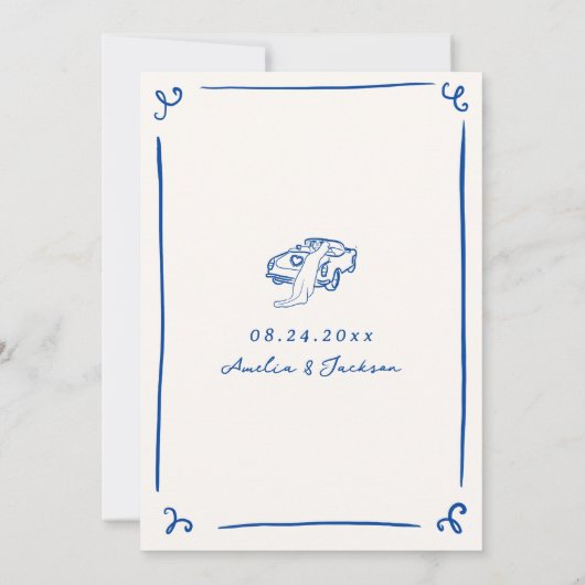 Whimsical Hand Drawn Blue Save the Date Einladung (Rückseite)