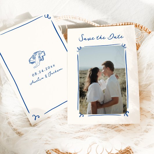 Whimsical Hand Drawn Blue Save the Date Einladung