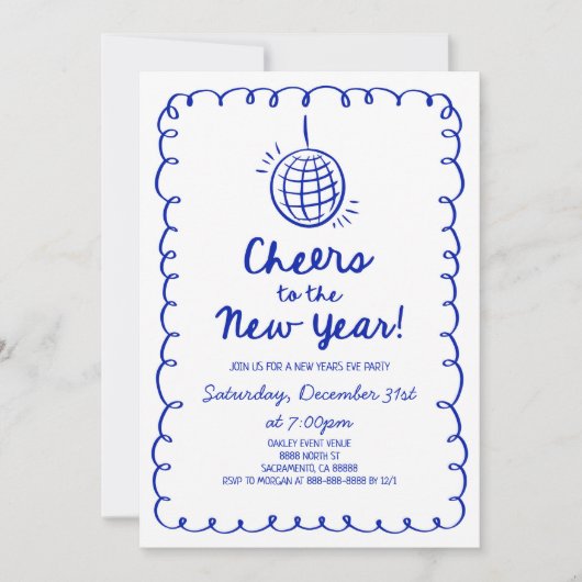 Whimsical Hand Drawn Blue Silvester Party Einladung (Vorderseite)