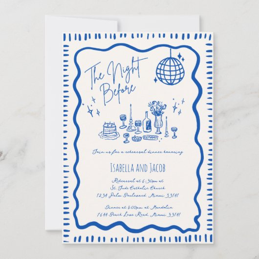 Whimsical Hand Drawn Blue Wavy Probe Dinner Einladung (Vorderseite)