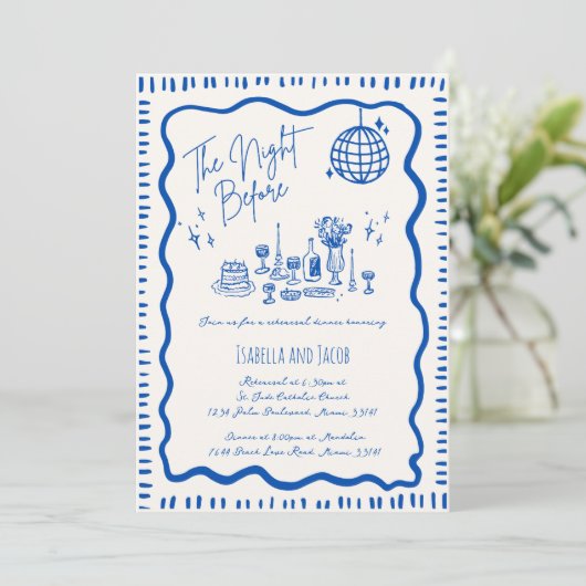 Whimsical Hand Drawn Blue Wavy Probe Dinner Einladung (Stehend Vorderseite)