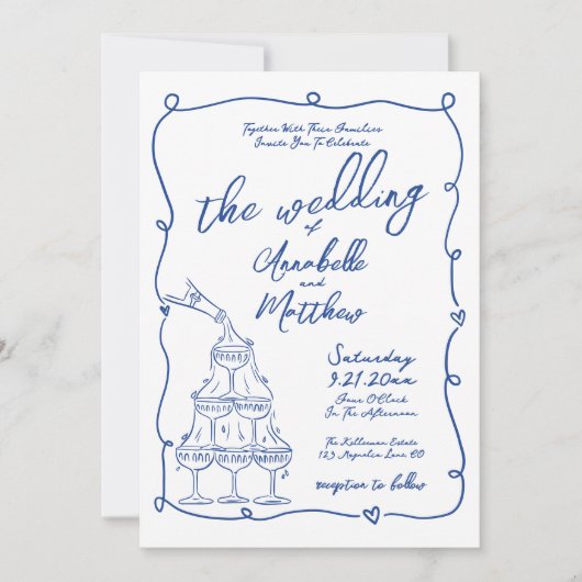 Whimsical Hand Drawn Blue Wedding Einladung (Vorderseite)