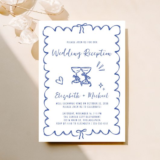 Whimsical Hand Drawn Blue Wedding Empfang Einladung