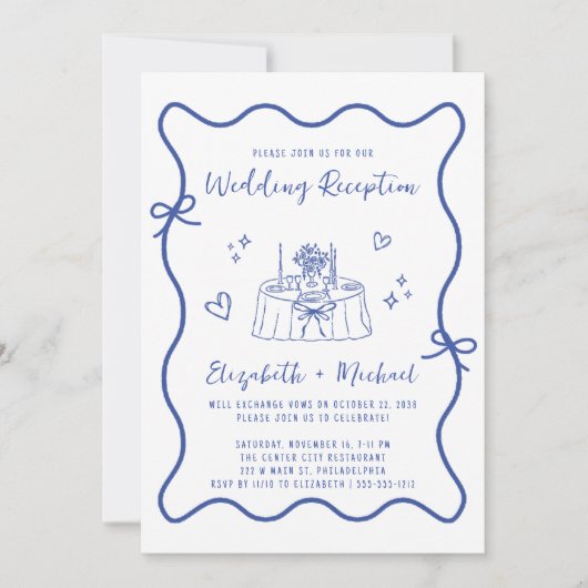 Whimsical Hand Drawn Blue Wedding Empfang Einladung (Vorderseite)
