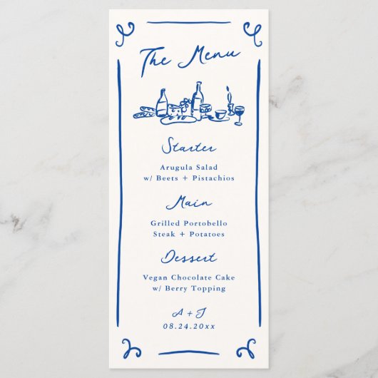 Whimsical Hand Drawn Blue Wedding Menu Menükarte (Vorderseite)