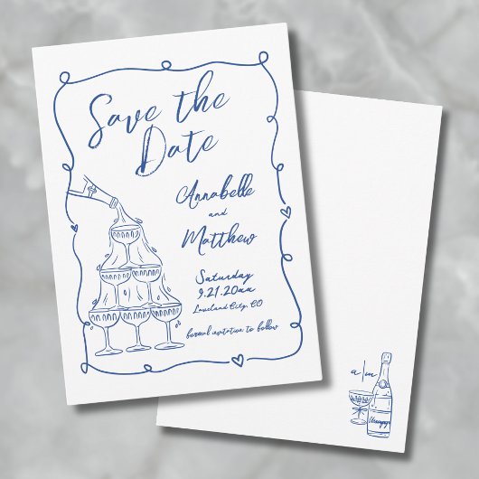 Whimsical Hand Drawn Blue Wedding Save The Date