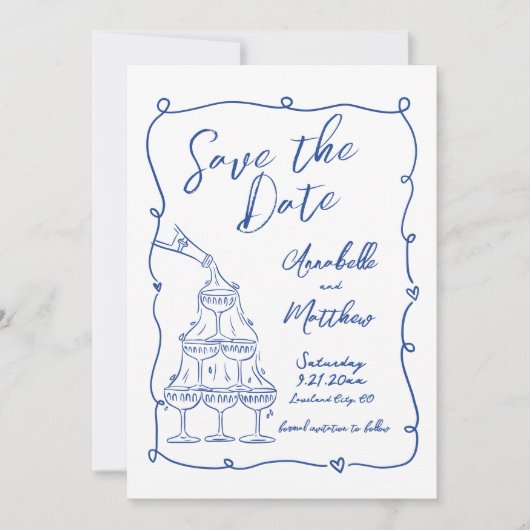Whimsical Hand Drawn Blue Wedding Save The Date (Vorderseite)