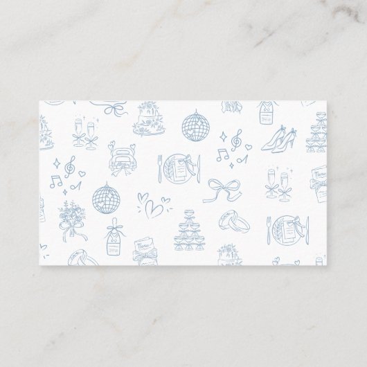 Whimsical Hand Drawn Blue Wedding Table Platzkarte (Rückseite)
