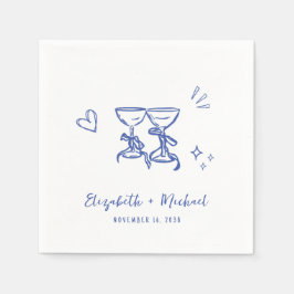 Whimsical Hand Drawn Blue Wine Glasses Wedding Serviette