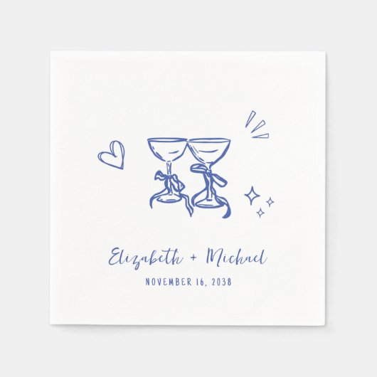 Whimsical Hand Drawn Blue Wine Glasses Wedding Serviette (Vorderseite)