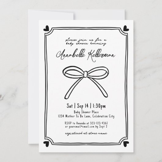 Whimsical Hand Drawn Bow Baby Dusche Einladung (Vorderseite)