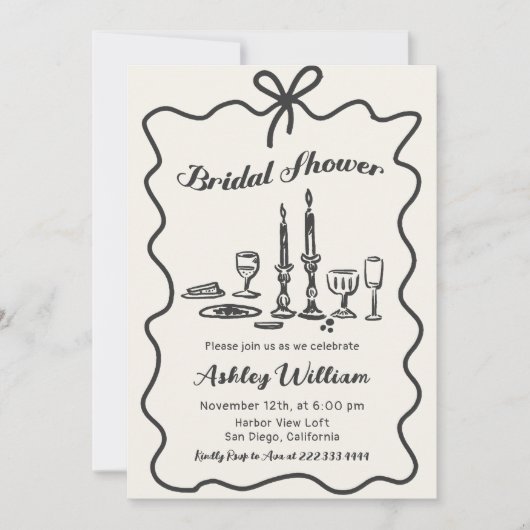 Whimsical Hand Drawn Bow Bridal Dusche Einladung (Vorderseite)