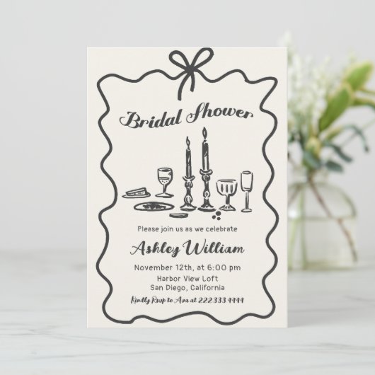 Whimsical Hand Drawn Bow Bridal Dusche Einladung (Stehend Vorderseite)