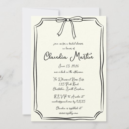 Whimsical Hand Drawn Bow Bridal Dusche Einladung (Vorderseite)