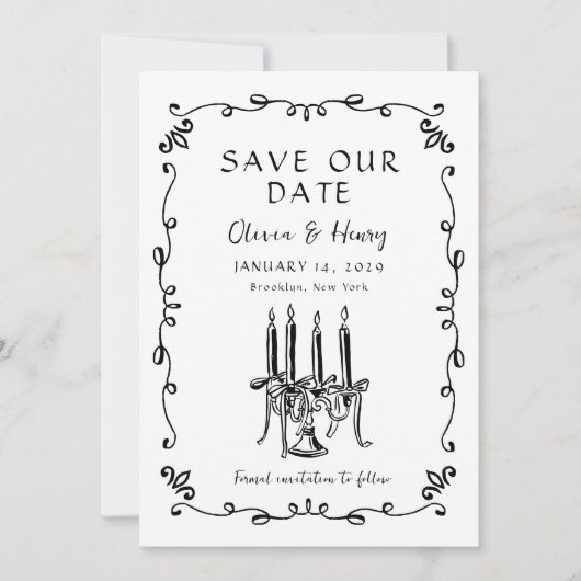 Whimsical Hand Drawn Bow Candelabra Save the Date Einladung (Vorderseite)