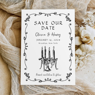 Whimsical Hand Drawn Bow Candelabra Save the Date Einladung