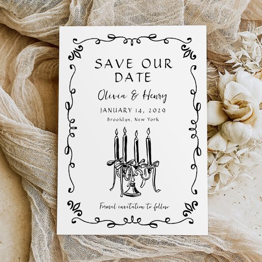 Whimsical Hand Drawn Bow Candelabra Save the Date Einladung