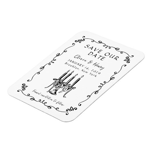 Whimsical Hand Drawn Bow Candelabra Save the Date Magnet (Linke Seite)