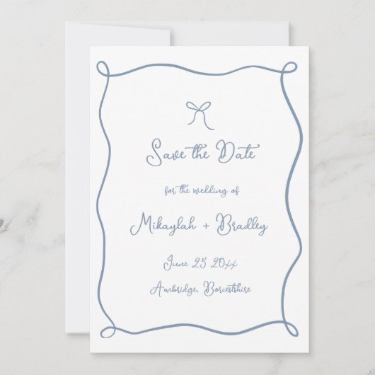 Whimsical Hand Drawn Bow Dusty Blue Wedding Save The Date (Vorderseite)
