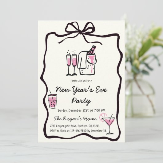 Whimsical Hand Drawn Bow Frame New Year Eve Party Einladung (Stehend Vorderseite)