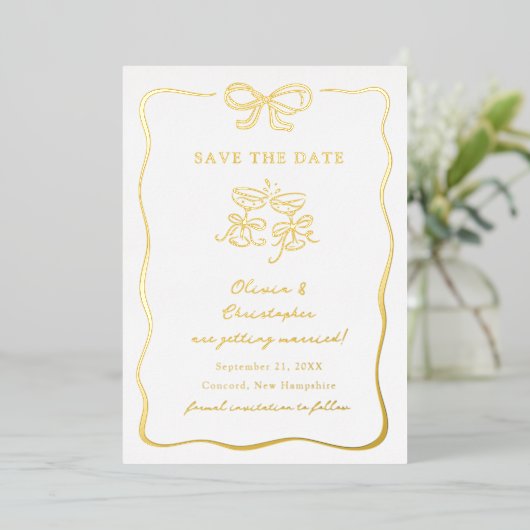 Whimsical Hand Drawn Bow Frame Save the Date Folieneinladung (Stehend vorne)