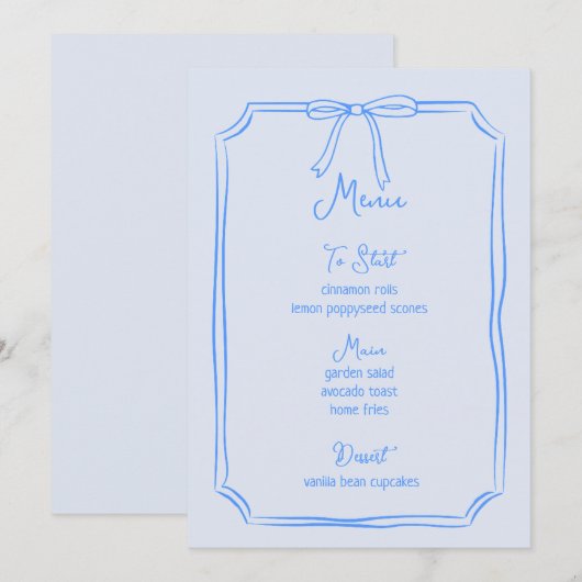 Whimsical Hand Drawn Bow Girly Coquette Blue Menükarte (Vorne/Hinten)