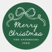 Whimsical Hand-Drawn Bow Green Merry Christmas Runder Aufkleber (Vorderseite)