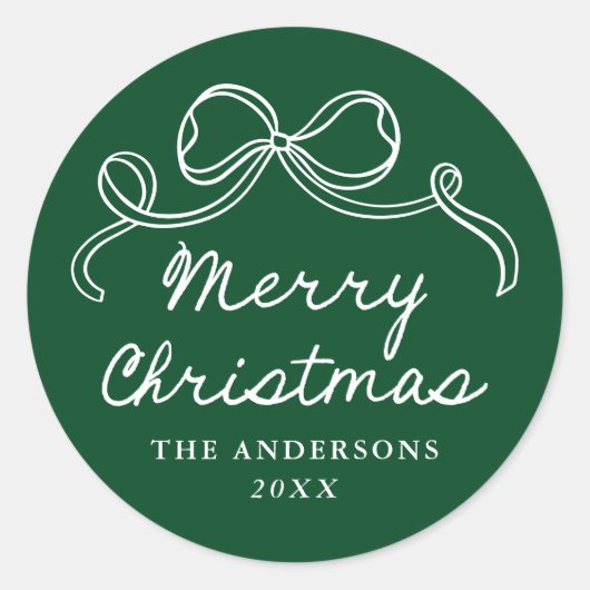 Whimsical Hand-Drawn Bow Green Merry Christmas Runder Aufkleber (Vorderseite)