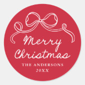 Whimsical Hand-Drawn Bow Red Merry Christmas Runder Aufkleber (Vorderseite)