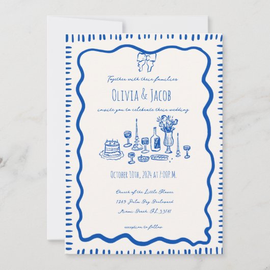 Whimsical Hand Drawn Bow Scribble Wavy Hochzeit Einladung (Vorderseite)