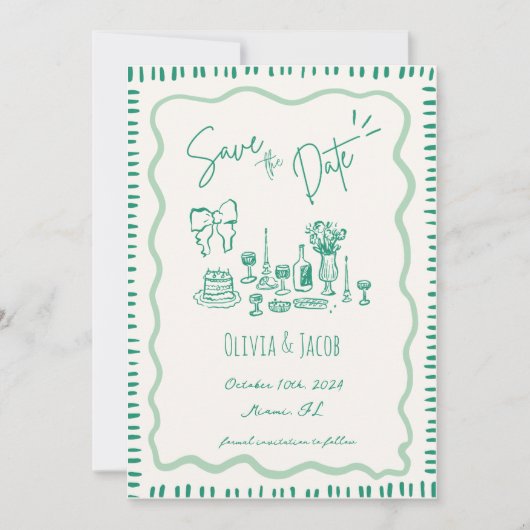 Whimsical Hand Drawn Bow Scribble Wavy Hochzeit Einladung (Vorderseite)