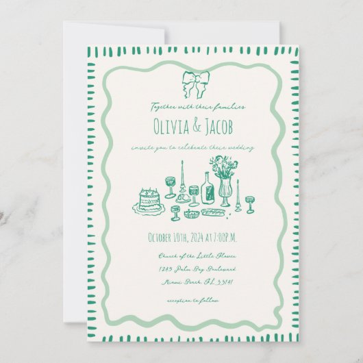 Whimsical Hand Drawn Bow Scribble Wavy Hochzeit Einladung (Vorderseite)