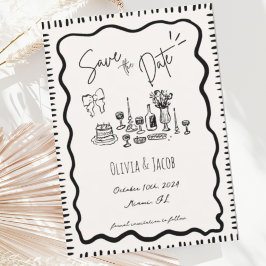 Whimsical Hand Drawn Bow Scribble Wavy Hochzeit Einladung