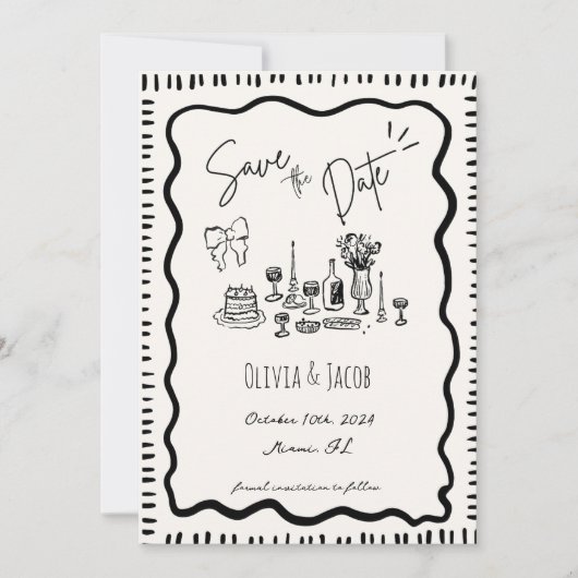 Whimsical Hand Drawn Bow Scribble Wavy Hochzeit Einladung (Vorderseite)